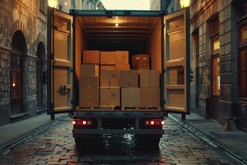 Poster - A moving truck with various boxes and containers filled with belongings being transported to a new location