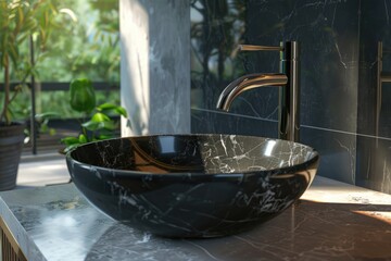 Aufkleber - A black marble sink sits atop a countertop, ready for use