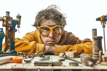Poster - A person in goggles tinkering with wood on a workbench, suitable for use in DIY or repair scenes