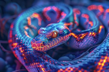 Poster - A close-up view of a snake's head with bioluminescent skin