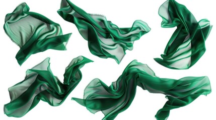 Poster - A bundle of green silk fabrics against a white background