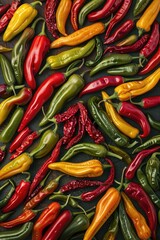Aufkleber - A collection of colorful hot peppers arranged on a table, ideal for use in food and cooking-related content