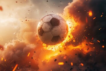 Wall Mural - A burning soccer ball in mid-air, isolated on black background