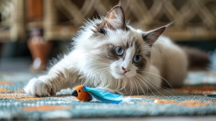 Poster - A curious cat plays with a toy on the floor, surrounded by simplicity and playfulness