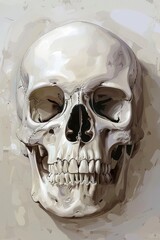 Poster - A human skull is depicted on a stone or brick wall, often used as a decoration or symbol in various contexts