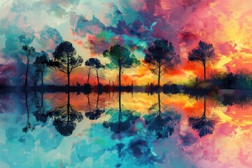 Poster - A serene landscape of a sunset with trees reflected in the water, perfect for use in travel or nature-themed projects