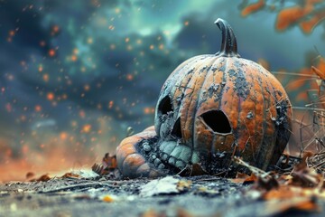 Poster - A halloween pumpkin sitting on the ground in the woods, perfect for autumn or Halloween decorations and themes
