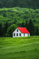 Aufkleber - A traditional-style house with a distinctive red roof situated in a green field