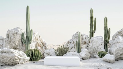 Poster - Desert landscape with multiple cacti species and rocky formations