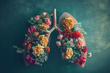 Poster - Anatomy illustration with lungs and flowers, suitable for medical or educational use