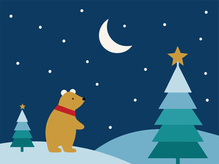 Canvas Print - Christmas Bear in Starlit Night Sky Scene.