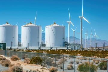 Poster - A row of wind turbines standing next to a fence in a rural landscape