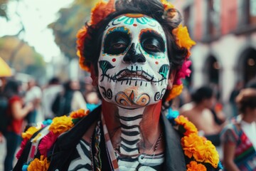 Aufkleber - A man wearing a skeleton face paint for Halloween or costume party, one informative phrase about what pictured on image and a one phrase with a short advice of where may be used this picture