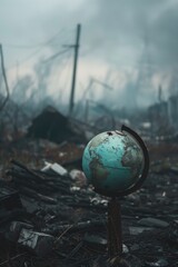 Poster - A small globe sits atop a pile of rubble, symbolizing resilience and hope in the face of destruction