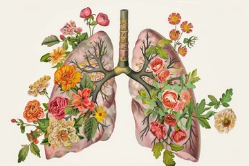 Poster - A pair of lungs surrounded by flowers, a unique and creative representation of the human respiratory system