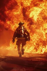 Wall Mural - A firefighter runs away from a massive fire engulfing a building, with flames and smoke filling the air