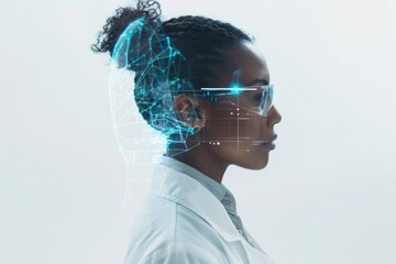 Poster - A woman in a lab coat and glasses, working on a scientific project