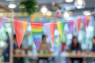 Aufkleber - Group of people gathered around a table with colorful flags, ideal for events and celebrations