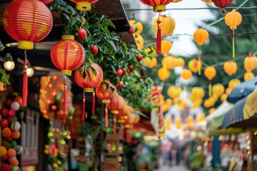 Poster - A decorative setup with numerous red and yellow lanterns hanging from the ceiling
