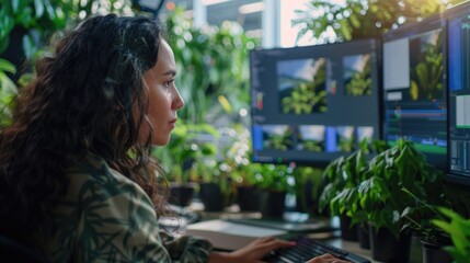 Poster - A woman sits in front of a computer monitor, working or browsing