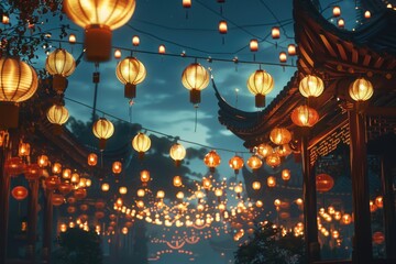 Aufkleber - Lantern-lined street at night