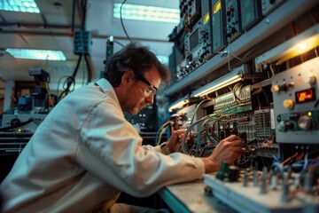 Poster - Man in lab coat operating machinery