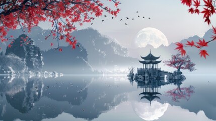 Poster - A serene scene of a full moon rising over a calm lake, with a traditional Japanese pagoda in the foreground