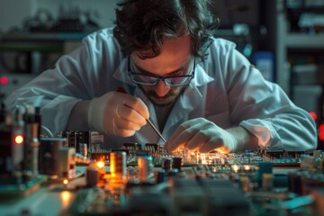 Poster - A person in a lab coat assembles electronic components on a circuit board, suitable for use in tech-related projects or educational materials