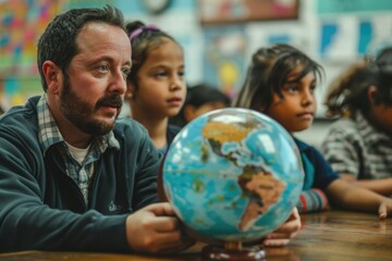 Fototapete - A person sits at a desk looking at a globe, great for educational or travel themed illustrations