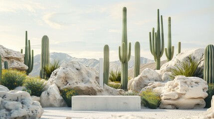 Poster - A scenic view of a desert landscape featuring various types of cacti and rocky formations
