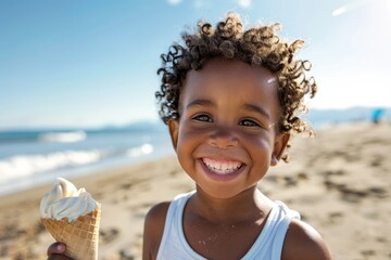 Poster - A happy child enjoying ice cream on a sunny day at the beach