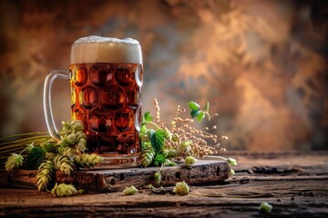 Poster - A close-up shot of a mug of beer with some hoppies on the table