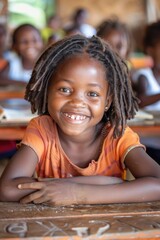 Poster - A young student sitting at a desk in a traditional classroom environment