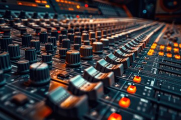 Aufkleber - A close-up shot of a sound board with multiple knobs, ideal for use in music production or audio visual projects