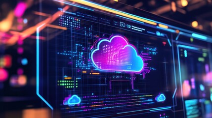 Poster - A digital representation of cloud computing with vibrant neon colors and data visualizations.