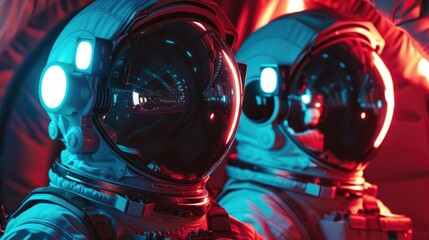 Poster - Two astronauts in space suits with red and blue LED lights, suitable for science, technology, or futuristic themes