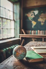 Poster - A globe and a book sit on a table in front of a window, perfect for educational or home decor use