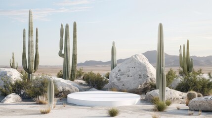 Poster - Scenic view of a desert landscape featuring cactus trees, rocky formations, and a circular table