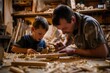 © Fotograf - A man and a young boy working together on a wooden project, fostering a sense of collaboration and bonding