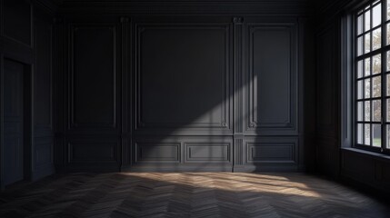 Wall Mural - The images are intended to be a 3D rendering of the vintage modern living room, the empty room, the dark gray walls, and the wood flooring