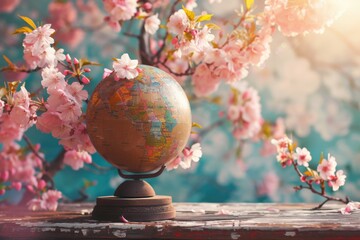 Fototapete - A small globe sits atop a wooden table, perfect for educational or decorative purposes