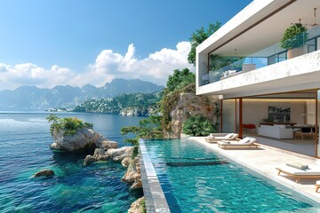 A beautiful ocean view with a large house and a pool