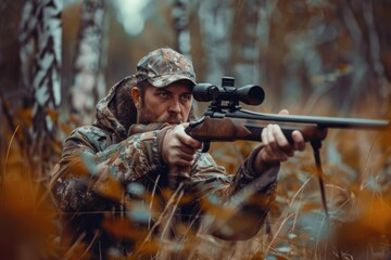 A person in camouflage gear holds a rifle while standing in a woodland environment