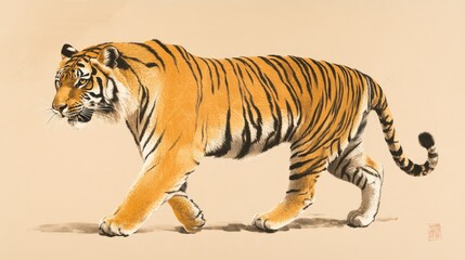 Aufkleber - A solid-colored background enhances the sharp profile of a stalking tiger, highlighting its predatory grace.