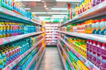 Poster - A busy supermarket drinks aisle filled with various beverages