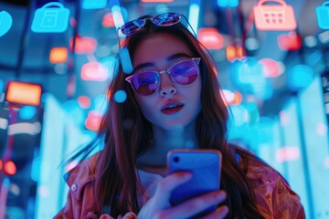 Canvas Print - A woman looks at her cell phone while wearing sunglasses