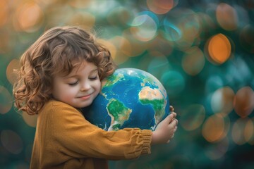 Poster - A young girl holds a globe in her hands, contemplating the world