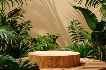 Poster - A wooden table surrounded by lush greenery and a wall, perfect for a cozy reading nook or office decor
