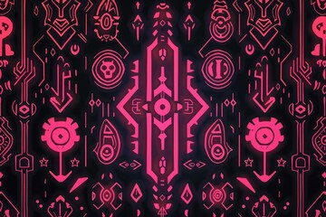 Aufkleber - A dark background featuring various colorful symbols and shapes in shades of pink and black