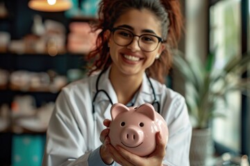 Sticker - A woman in a lab coat holds a pink piggy bank, great for financial and education images